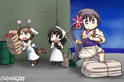  3girls akebono_(kantai_collection) apron black_hair brown_eyes brown_hair choukai_(kantai_collection) hair_ornament hamu_koutarou japanese_clothes kantai_collection kimono long_hair multiple_girls mutsu_(kantai_collection) mutsu_(snail) purple_hair short_hair short_kimono side_ponytail tripping violet_eyes 