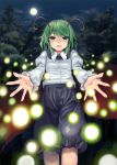  1girl antennae cape clouds danmaku forest full_moon green_eyes green_hair hakiata juliet_sleeves long_sleeves looking_at_viewer moon nature night open_hands open_mouth outdoors puffy_sleeves short_hair shorts solo touhou wriggle_nightbug 
