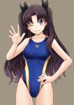  1girl arena_(company) black_hair blue_eyes competition_swimsuit fate/stay_night fate_(series) fuuma_nagi grin hand_on_hip long_hair one-piece_swimsuit smile swimsuit toosaka_rin two_side_up waving wink 