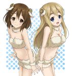  2girls animal_ears blonde_hair blue_eyes brown_eyes brown_hair crop_top hirasawa_yui horns k-on! kotobuki_tsumugi long_hair multiple_girls sheep_ears shizupu short_hair shorts 