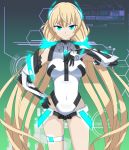  1girl angela_balzac bare_shoulders blonde_hair blue_eyes breasts covered_navel elbow_gloves expelled_from_paradise gloves headgear highres leotard long_hair looking_at_viewer low_twintails r_n_(kisaragiyurii) smile solo thigh_strap twintails very_long_hair 