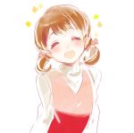  1girl blush brown_hair child closed_eyes doujima_nanako open_mouth otohime_(kk23maa) persona persona_4 short_hair simple_background smile solo sweater turtleneck twintails white_background 