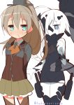  2girls 9law arms_behind_back blue_eyes blush brown_hair character_request green_eyes kantai_collection kumano_(kantai_collection) long_hair looking_at_viewer multiple_girls ne-class_heavy_cruiser simple_background white_background white_hair 
