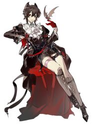  1girl arknights ascot bat_(animal) black_boots black_dress black_hair boots chinese_commentary collared_dress commentary_request dress earrings entelechia_(arknights) full_body gloves hair_between_eyes hair_horns hand_up highres invisible_chair jewelry juliet_sleeves long_sleeves looking_at_viewer mole mole_under_eye pointy_ears puffy_sleeves red_eyes red_gloves short_dress short_hair simple_background sitting solo thigh_strap white_ascot white_background zaoshang_huai 