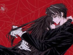  1boy 1girl black_dress black_hair bug dress father_and_child father_and_daughter gloves hands_on_another's_waist hug limbus_company long_hair looking_at_another multicolored_hair parent_and_child project_moon red_eyes rien_(project_moon) ryoshu_(project_moon) san_hui_mai_feng silk spider spider_web streaked_hair white_gloves white_streaks yellow_eyes 