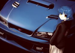  1girl absurdres black_background black_hoodie blue_car blue_hair bocchi_the_rock! car commentary commission hair_ornament hairclip highres hood hoodie isago_ganma looking_at_viewer looking_back motor_vehicle pleated_skirt race_vehicle racecar rally_car short_hair skeb_commission skirt solo subaru_(brand) subaru_wrx vehicle_focus white_skirt yamada_ryo yellow_eyes 