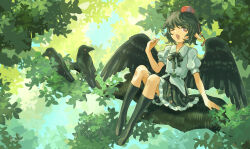  1girl :d absurdres aeginflash bird black_bow black_bowtie black_hair black_skirt black_socks black_wings blue_sky bow bowtie collared_shirt commentary_request crow frills hand_up hat highres looking_at_viewer medium_hair one_eye_closed open_mouth pointy_ears red_eyes shameimaru_aya shirt short_sleeves sitting_on_branch skirt sky smile socks solo tokin_hat touhou tree white_shirt wings 