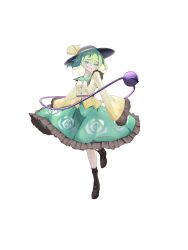  1girl absurdres black_hat bow buttons collared_shirt diamond_button disembodied_linked_eye eyeball floral_print frilled_shirt_collar frilled_sleeves frills full_body green_eyes green_hair green_skirt harikane0 hat hat_bow highres komeiji_koishi long_sleeves medium_hair print_skirt rose_print shirt simple_background skirt sleeves_past_fingers sleeves_past_wrists solo touhou white_background wide_sleeves yellow_bow yellow_shirt 