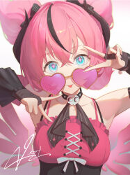  1girl :p absurdres aria_(human)_(discordant_note)_(zenless_zone_zero) aria_(human)_(zenless_zone_zero) aria_(zenless_zone_zero) black_bridal_gauntlets black_streaks blue_eyes bridal_gauntlets commentary_request crossed_bangs double_v hair_between_eyes heart heart-shaped_eyewear highres looking_at_viewer multicolored_hair official_alternate_costume pink_hair pink_wings quad_tails shengkai167 skull_ornament smile solo star-shaped_pupils star_(symbol) streaked_hair symbol-shaped_pupils tongue tongue_out upper_body v wings zenless_zone_zero 