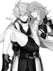  1boy 1girl :3 absurdres antenna_hair arm_around_neck arm_guards armor blush boots breasts cape carrying chest_belt choker closed_mouth coat collarbone collared_shirt commentary cowboy_shot crossed_bangs feet_out_of_frame fingerless_gloves fingernails gloves greyscale hair_between_eyes hands_up hetero high_collar high_heel_boots high_heels highres honkai:_star_rail honkai_(series) ieririr jacket leather leather_gloves long_hair long_sleeves looking_at_viewer medium_breasts miniskirt monochrome open_clothes open_jacket pants phainon_(honkai:_star_rail) princess_carry shirt short_hair shoulder_armor sidelocks signature simple_background single_glove skirt smile sparkle standing stelle_(honkai:_star_rail) sun_symbol t-shirt thigh_strap thumbs_up trailblazer_(honkai:_star_rail) untranslatable_commentary 