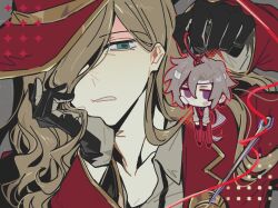  1boy 1girl absurdres bandaid bandaid_on_face brown_hair collared_shirt commentary frown gloves green_eyes grey_background grey_hair grey_shirt grimace hair_over_one_eye head_rest highres holding holding_mini_person jacket limbus_company long_hair looking_to_the_side lucio_(project_moon) mini_person n0r0sh1 needle pants project_moon red_jacket red_pants shirt simple_background thread two-sided_gloves untranslatable_commentary valencina_(project_moon) violet_eyes 