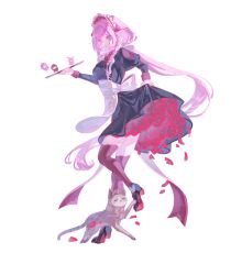  1girl absurdres alternate_costume apron black_dress blonde_hair breasts can_(honkai_impact) cat chinese_commentary commentary_request cupcake dress eden_(honkai_impact) elf elysia_(honkai_impact) food high_heels highres holding holding_tray honkai_(series) honkai_impact_3rd large_breasts long_hair maid maid_apron maid_headdress osman_(wumingshi90325) pink_hair pointy_ears simple_background solo tray very_long_hair white_apron white_background yae_sakura 