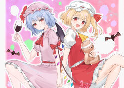  2girls absurdres ascot bat_(animal) bat_wings blonde_hair blue_hair bow brooch collared_shirt commentary_request crystal crystal_wings cup drinking_glass fang flandre_scarlet frilled_skirt frills hat hat_bow hat_ribbon highres holding holding_cup holding_hands interlocked_fingers jewelry mob_cap multicolored_wings multiple_girls one_side_up pink_hat pink_shirt pink_skirt puffy_short_sleeves puffy_sleeves red_ascot red_bow red_eyes red_skirt red_vest remilia_scarlet ribbon shirt short_sleeves siblings sisters skin_fang skirt skirt_set sleeve_bow stuffed_animal stuffed_toy teddy_bear touhou uniunidrop vest white_hat white_shirt wine_glass wings yellow_ascot 
