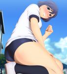  1girl blue_eyes blue_hair blush clenched_teeth giantess gym_uniform highres kneeling shoes short_hair yadokari_genpachirou 