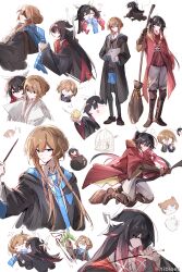  absurdres black_hair blue_eyes blue_necktie blue_scarf boots broom brown_boots brown_hair chibi chibi_inset collared_shirt columbina_(genshin_impact) genshin_impact gloves gradient_hair head_wings hibioes highres holding holding_broom holding_wand long_hair long_sleeves multicolored_hair multiple_girls multiple_views necktie pink_hair red_eyes sandrone_(genshin_impact) scarf shirt simple_background wand white_background white_shirt white_wings wings 