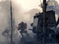  at-at at-st bare_tree commentary copyright_logo copyright_name english_commentary english_text fog logo mecha outdoors realistic robot star_wars tree ukitakumuki vehicle_focus walker_(robot) 