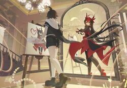  1boy 1girl absurdres ahoge back_cutout black_dress black_eyes black_hair black_shirt black_shoes black_shorts canvas_(object) cape chandelier clothing_cutout commentary_request different_reflection dress easel feather_hair_ornament feathers floating_hair full-length_mirror full_body hair_between_eyes hair_ornament hand_on_mirror high_heels highres holding holding_paint_palette indoors long_hair long_sleeves looking_at_another mirror multicolored_hair nocotomezo open_mouth original outstretched_arm paint_palette paintbrush painting_(object) red_dress red_hair red_shoes reflection ripples see-through_clothes see-through_sleeves shirt shoes short_hair short_sleeves shorts stairs striped_clothes striped_thighhighs thigh-highs through_medium through_mirror two-tone_dress two-tone_hair very_long_hair 