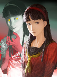  absurdres amagi_yukiko arm_at_side black_hair black_sailor_collar blood blood_on_clothes blood_on_hand blunt_bangs brown_eyes cardigan closed_mouth commentary dress evil_grin evil_smile from_side gradient_background grin hairband hand_on_own_chest head_tilt highres long_hair long_sleeves looking_to_the_side neckerchief parted_lips persona persona_4 persona_4_the_golden red_cardigan red_hairband red_sweater sailor sailor_collar school_uniform shadow_(persona) shijie_de_zaie_-_zhaoze simple_background smile sweater teeth tiara upper_body white_dress white_tiara yasogami_school_uniform yellow_eyes yellow_neckerchief 