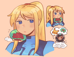  2girls blonde_hair blue_eyes blush bodysuit character_request highres hoshizora_lone long_hair metroid metroid_(creature) multiple_girls ponytail samus_aran skin_tight speech_bubble zero_suit 