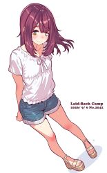  1girl arms_behind_back bare_legs blue_eyes blue_shorts brown_hair closed_mouth commentary_request copyright_name dated denim denim_shorts feet floating_hair full_body green_eyes highres jagi_(jagi_souken) light_blush long_hair looking_at_viewer loose_hair_strand multicolored_eyes platform_sandals sandals shadow shirt short_shorts short_sleeves shorts side_part smile solo standing toes toki_ayano two-tone_eyes white_shirt yurucamp 