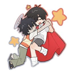  2boys black_eyes black_hair black_shorts bright_pupils cape chibi chibi_only chinese_commentary commentary_request crown false_memory gold_crown green_pants grey_shirt guan_chao_(false_memory) halo high-visibility_clothing high-visibility_vest high_collar highres hug laoshihao_wojiaoshuihu male_focus mini_crown multiple_boys pants protagonist_halo red_cape sandals shirt shoes short_sleeves shorts simple_background slides sneakers star_(symbol) sweat tail tear_troughs vest white_background white_shirt white_shoes 