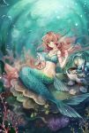  animal animal_ears bubble clam clam_shell fish green_eyes long_hair mermaid monster_girl ocean pink_hair senano-yu shell smile solo submerged tagme underwater water 