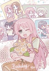  5girls :3 artist_request bang_dream! bang_dream!_it's_mygo!!!!! black_hair blue_shorts blue_skirt bouquet brown_eyes brown_hair chihaya_anon commission fang feeding grey_hair holding holding_bouquet kaname_raana long_hair mole mole_under_eye multiple_girls mygo!!!!!_(bang_dream!) nagasaki_soyo orange_sailor_collar orange_skirt pink_hair pleated_skirt sailor_collar school_uniform second-party_source serafuku shiina_taki shirt short_hair shorts sidelocks skirt takamatsu_tomori violet_eyes white_shirt 