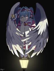  1girl angel_wings black_background blue_hair boots bow charmainec12248 chest_bow closed_mouth commentary_request double-parted_bangs dress feathered_wings full_body gloves hair_between_eyes hair_bow hair_intakes hand_on_own_face hatsune_miku highres holding holding_wand ima_sugu_rinne_(vocaloid) knees_up lamppost long_hair night one_eye_closed pink_dress sidelocks signature sitting solo star-shaped_pupils star_(symbol) star_wand striped_bow symbol-shaped_pupils teardrop thigh_boots twintails violet_eyes vocaloid wand white_boots white_gloves white_wings wings 