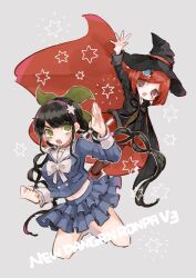  2girls az1199 black_hair blush bow bowtie brown_eyes brown_vest cape chabashira_tenko choker danganronpa_(series) danganronpa_v3:_killing_harmony gem_hair_ornament green_eyes grey_background hairband hat hat_belt highres layered_skirt looking_at_another multiple_girls pink_choker pink_hairband red_cape red_hair short_hair simple_background skirt star_(symbol) twintails vest white_bow white_bowtie witch_hat yumeno_himiko 