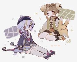  2girls aqua_shorts bag bandaged_leg bandages bead_necklace beads bell black_dress black_shoes blunt_bangs boots bow-shaped_hair braid braided_ponytail brown_bag brown_eyes brown_hair cape chinese_clothes closed_mouth coin_hair_ornament crossed_bangs dress expressionless frilled_sleeves frills fur-trimmed_boots fur_trim genshin_impact gold_trim gradient_sleeves green_jacket hair_bell hair_between_eyes hair_ornament hat high_heels highres jacket jewelry jingle_bell long_hair long_sleeves looking_at_viewer mandarin_collar medium_hair multiple_girls necklace nodori710 ofuda ofuda_on_head one_eye_closed orb pom_pom_(clothes) puffy_long_sleeves puffy_sleeves purple_cape purple_dress purple_hair purple_hat qingdai_guanmao qipao qiqi_(genshin_impact) shoes short_shorts shorts sidelocks simple_background single_braid sitting stuffed_animal stuffed_rabbit stuffed_toy tassel thigh-highs very_long_braid very_long_hair violet_eyes wariza white_background white_boots white_thighhighs wide_sleeves yaoyao_(genshin_impact) yin_yang yin_yang_orb yuegui_(genshin_impact) 