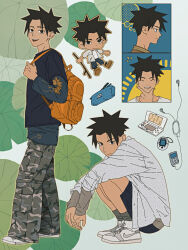  1boy absurdres bag black_eyes black_hair black_shorts black_socks blue_pants brown_shoes camouflage camouflage_pants chen_shiliuchen chibi chibi_inset chinese_commentary closed_eyes commentary_request crescent_print earphones false_memory from_side grey_socks hand_on_own_chin handheld_game_console he_mingshuo high_tops highres holding holding_stick jacket lotus_leaf male_focus mp3_player multiple_views open_clothes open_jacket pants pants_rolled_up print_jacket school_bag shirt shirt_under_shirt shoelaces shoes shorts sleeves_rolled_up smile sneakers socks spiky_hair squatting stick sword_print white_shirt white_shoes wing_print 