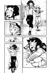  1boy 1girl 774_(nanashi) blush closed_eyes comic couple forehead_protector greyscale hetero hug hug_from_behind hyuuga_hinata monochrome naruto running uzumaki_naruto 