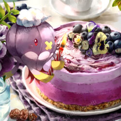  blueberry cake candle commentary drifblim flower flower_request fluffybiscotti food fruit holding holding_candle jam no_humans plate pokemon pokemon_(creature) raisin_(fruit) red_eyes undersized_pokemon 