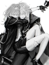  1boy 1girl absurdres antenna_hair arm_guards arm_up blush boots breasts cape carrying choker closed_eyes coat collared_shirt commentary_request couple cowboy_shot crossed_bangs cup drunk fingerless_gloves fingernails full_body gloves greyscale hair_between_eyes hands_up happy hetero high_collar high_heel_boots high_heels highres holding holding_cup honkai:_star_rail honkai_(series) hug ieririr jacket long_hair long_sleeves medium_breasts miniskirt monochrome open_clothes open_jacket open_mouth pants phainon_(honkai:_star_rail) princess_carry shirt short_hair sidelocks signature simple_background single_glove skirt smile standing standing_on_one_leg stelle_(honkai:_star_rail) t-shirt teeth thigh_strap trailblazer_(honkai:_star_rail) 