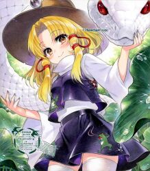  1girl animal animal_print blonde_hair blush breasts brown_hat chacham closed_mouth commentary_request dew_drop frog_print hair_ribbon hat leaf long_sleeves looking_at_viewer mishaguji moriya_suwako oversized_animal purple_skirt purple_vest red_ribbon ribbon skindentation skirt small_breasts smile snake thigh-highs touhou traditional_media tress_ribbon vest water_drop watermark white_snake white_thighhighs wide_sleeves yellow_eyes 