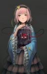  1girl birdcage blouse bust cage expressionless eyeball frilled_sleeves frills grey_background hairband heart holding komeiji_satori long_sleeves looking_at_viewer pink_eyes pink_hair simple_background skirt solo third_eye touhou wide_sleeves yuren 