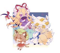  absurdres animal_ear_fluff animal_ear_piercing animal_ears animal_hat blonde_hair blue_tabard bow bowtie brown_eyes brown_hair cat_ears cat_tail chen chinese_commentary choker commentary_request dress earrings folding_fan fox_tail green_hat hair_bow hand_fan hands_in_opposite_sleeves hat hat_ribbon highres holding holding_fan hoop_earrings jewelry kitsune long_hair long_sleeves looking_at_viewer mob_cap multiple_hair_bows multiple_tails nekomata one_eye_closed purple_dress red_bow red_ribbon red_skirt red_vest ribbon ribbon_choker shirt single_earring skirt tabard tail touhou two_tails very_long_hair vest violet_eyes white_bow white_bowtie white_dress white_hat white_shirt yakumo_ran yakumo_yukari yellow_eyes yongyu366 