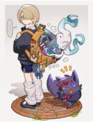  ... 1boy absurdres animal arms_up artist_name backpack bag blonde_hair blue_eyes blunt_bangs book bow bowtie closed_mouth fatui_logo freckles freminet_(genshin_impact) genshin_impact hair_over_one_eye heyitspegkat highres hisuian_zorua holding_strap jacket kyogre leg_warmers long_sleeves looking_back pale_skin poke_ball pokemon sharp_teeth short_hair shorts speech_bubble star_(symbol) teeth violet_eyes white_background white_leg_warmers zorua 