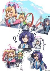  1boy 6+girls absurdres animal_ear_headphones animal_ears aqua_halo aris_(blue_archive) black_hair black_hairband black_halo blonde_hair blue_archive blue_eyes blue_necktie blush cat_ear_headphones cat_ears doodle_sensei_(blue_archive) double-parted_bangs fake_animal_ears game_development_department_(blue_archive) green_eyes green_halo hair_between_eyes hairband halo headphones highres jacket jacket_partially_removed kei_(blue_archive) kei_(student)_(blue_archive) long_hair long_hair_between_eyes long_sleeves low-tied_sidelocks mechanical_halo midori_(blue_archive) minibi_(minibeat) momoi_(blue_archive) multiple_girls necktie open_mouth orange_halo pink_eyes pink_halo power_symbol purple_hair rectangular_halo red_hair sensei_(blue_archive) shirt siblings sidelocks sisters smile twins two-sided_fabric two-sided_jacket two_side_up violet_eyes white_hair white_jacket white_shirt yellow_halo yuuka_(blue_archive) yuzu_(blue_archive) 
