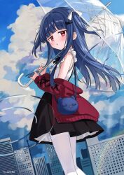  1girl blue_hair blush cardigan city clouds eluthel frilled_shirt frills highres holding holding_umbrella idolmaster idolmaster_cinderella_girls long_hair looking_at_viewer off_shoulder open_mouth pantyhose red_cardigan red_eyes reflection ripples sajo_yukimi shirt sky solo transparent transparent_umbrella two_side_up umbrella water white_pantyhose 
