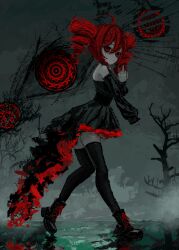  1girl absurdres ahoge bare_shoulders black_dress closed_mouth commentary detached_sleeves dress drill_hair from_side full_body hair_between_eyes highres kasane_teto long_sleeves middle_finger red_eyes red_hair solo standing thefatum thigh-highs tree utau walking zettai_ryouiki 