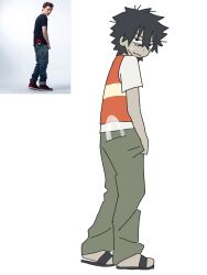  1boy absurdres black_eyes black_hair colored_skin false_memory green_pants grey_skin guan_chao_(false_memory) halo high-visibility_clothing high-visibility_vest highres id_card laoshihao_wojiaoshuihu male_focus pants reference_inset sandals shirt short_sleeves simple_background slides spiky_hair tear_troughs vest white_background white_shirt 
