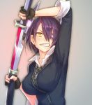 and breasts cardigan eyepatch headgear kantai_collection large_breasts purple_hair school_uniform short_hair sword tenryuu_(kantai_collection) weapon yellow_eyes 