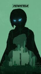  1boy 1girl absurdres belgrade beret blue_eyes building coat commentary copyright_logo copyright_name english_commentary eyed_silhouette glowing glowing_eyes green_background green_theme hat highres industrial iskander_dzhugashvili logo looking_at_viewer marie_(peripeteia) minimalism monochrome peripeteia poster_(medium) real_world_location sebastian_stag_agner short_hair silhouette skyline skyscraper spot_color upper_body western_city_gate 