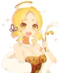  1girl bangs blonde_hair breasts cheesecake_cookie cheesecake_cookie_(cosplay) cleavage cookie_run cosplay dress drill_hair food food_on_head jewelry large_breasts mahou_shoujo_madoka_magica necklace object_on_head pearl_necklace tomoe_mami twin_drills twintails 