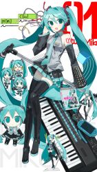  >_< 1girl absurdres aqua_eyes aqua_hair aqua_necktie bare_shoulders black_boots black_skirt black_sleeves blush blush_stickers boots cable character_figure character_name clone collared_shirt commentary_request cube deformed detached_sleeves english_text figure food frilled_shirt frills full_body grey_shirt hair_between_eyes hair_ornament hand_on_headwear hand_on_own_chest hatsune_miku headset highres holding holding_food holding_spring_onion holding_vegetable instrument keyboard_(instrument) l3ttr3 legs long_hair looking_at_viewer microphone microphone_stand miniskirt necktie nintendo_switch number_print number_tattoo outstretched_arm parted_lips shirt shoulder_tattoo sidelocks sitting sitting_on_object skirt sleeveless sleeveless_shirt smile solo spring_onion striped_clothes striped_skirt striped_sleeves stuffed_toy tattoo thigh_boots thighs twintails vegetable very_long_hair video_game_case vocaloid white_background wide_sleeves wire zettai_ryouiki 