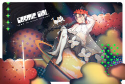 1girl beads bracelet cat choker commentary_request english_text flower hair_bun hair_flower hair_ornament haki5800 highres jewelry long_hair looking_at_viewer midriff original pink_eyes planet ponytail red_flower ribbon ribbon-trimmed_skirt ribbon_trim saturn_(planet) see-through_clothes see-through_sleeves shirt very_long_hair white_cat white_ribbon white_shirt 