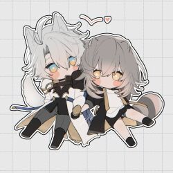  1boy 1girl animal_ear_fluff animal_ears antenna_hair arm_guards armor belt black_belt black_boots black_choker black_gloves black_jacket black_shirt black_skirt blue_cape blue_eyes blush_stickers boots bright_pupils cape checkered_background chest_belt chibi chibi_only choker coat collared_shirt commentary dog_boy dog_ears dog_tail fingerless_gloves full_body gloves grey_background grey_hair grey_pants hair_between_eyes heart hetero high_collar highres holding_hands honkai:_star_rail honkai_(series) ieririr jacket kemonomimi_mode long_hair long_sleeves looking_at_another miniskirt no_mouth open_clothes open_jacket pants phainon_(honkai:_star_rail) raccoon_ears raccoon_girl raccoon_tail shirt short_hair shoulder_armor sidelocks signature single_glove skirt stelle_(honkai:_star_rail) t-shirt tail thigh_strap trailblazer_(honkai:_star_rail) untranslatable_commentary white_coat white_pupils white_shirt yellow_eyes 
