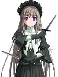  1girl 2000s_(style) blush bonnet coola_(en_ciel_rena) dress dual_wielding expressionless game_asset gloves goth_fashion gothic_lolita grey_hair holding knife kourin_tenshi_en_ciel_rena large_variant_set lolita_fashion long_hair lowres non-web_source official_art saitou_natsuki self-datamine simple_background solo sword tachi-e transparent_background variant_set very_long_hair violet_eyes weapon 
