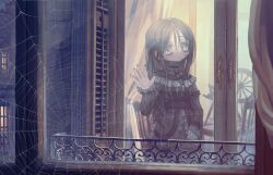  1girl bad_id bad_twitter_id black_hair black_nails black_sash chair choker frilled_choker frills gothic_lolita grey_eyes hand_on_window highres inactive_account lolita_fashion long_hair looking_at_viewer original parted_lips rnfhv sash silk skirt skirt_set solo spider_web spinning_wheel victorian window window_shutter 